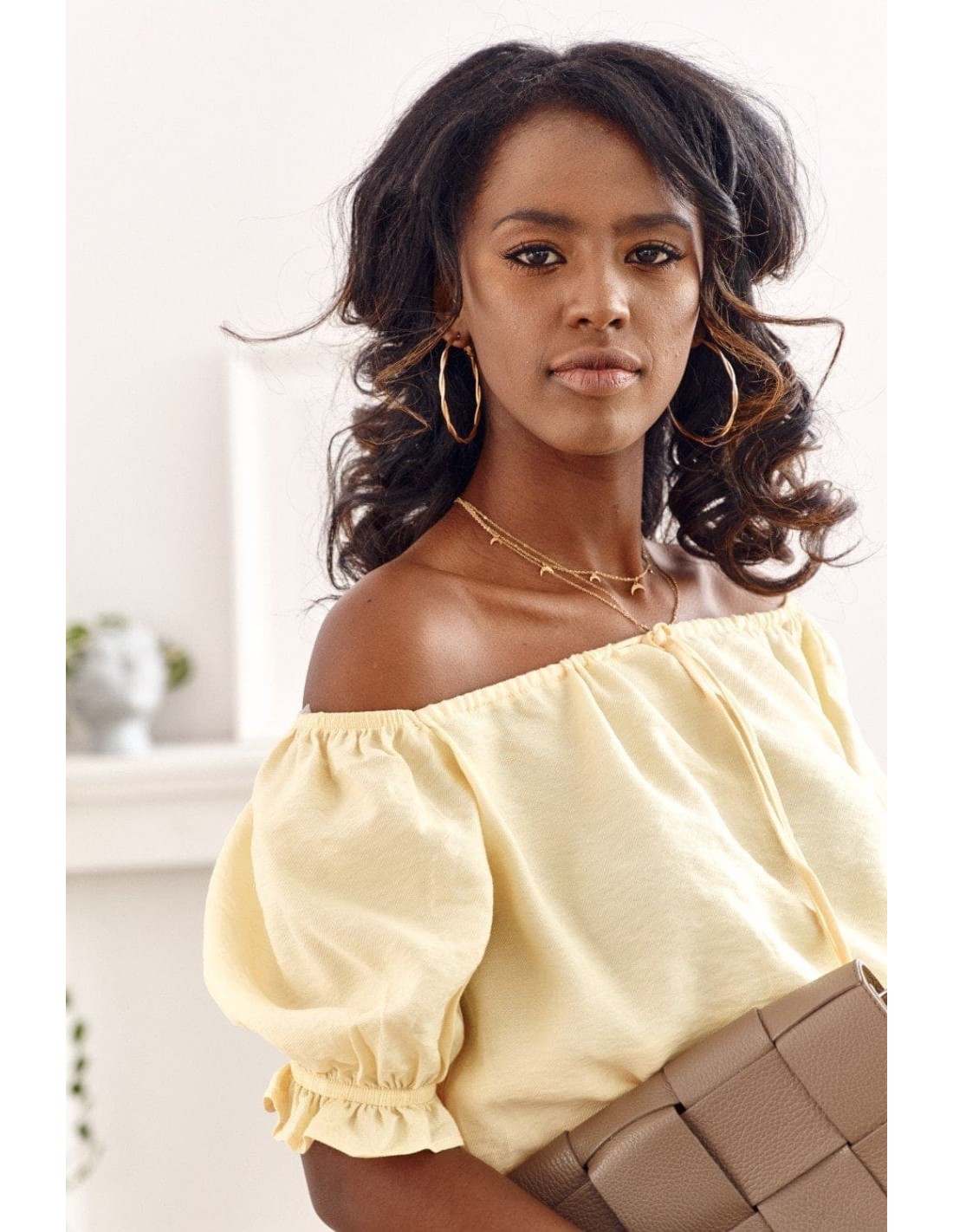 Yellow short blouse with ruffled neckline MP29435 - Online store - Boutique